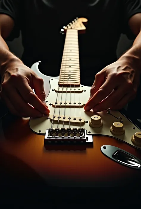 I want the focus on a Fender Stratocaster guitar, I just want to focus on the body of the guitar, facing the front, with a Guitarist but I want the image of just the hands playing.