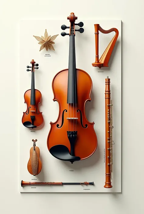 all these instruments: violin, Flute, small, triangle, Harps shown front and separately with their names