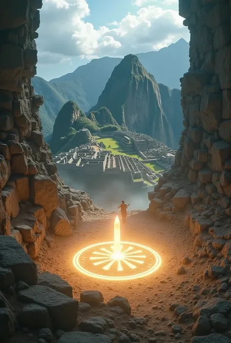 The tremor reaches its climax, and the symbol on the ground lights up with a blinding glow, stopping the collapse of Machu Picchu.
The symbol now glows brightly, keeping the cracks in place and preventing the citadel from collapsing completely. The guardia...