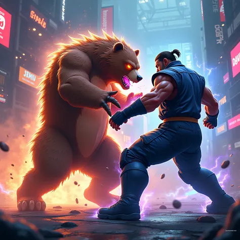 A stylized brown bear in the midst of a fierce battle, with electric energy surging around its body. The bear’s fur is spiked and wild, with glowing eyes and an aura of raw power. It faces off against a Tekken-style fighter, with the scene capturing the mo...