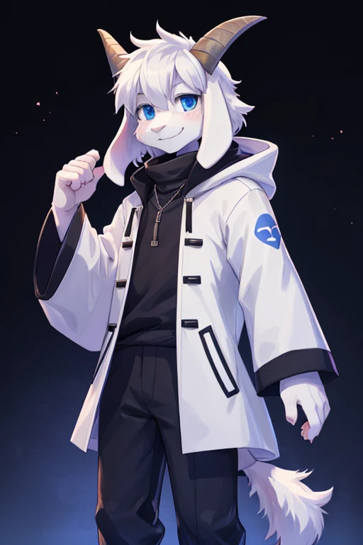 a boy, alone, Asriel, Undertale, smiling, blue Eskimo coat, tall, furry, blue eyes, black blouse with sleeves, dark pants, goats paw, paw with metacarpal, hair, bangs on the right side, goats tail.