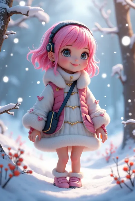 A girl in snowfall area girl hair pink girl drees unque a bag on shoulder use earphones dress code shorts not simple dress