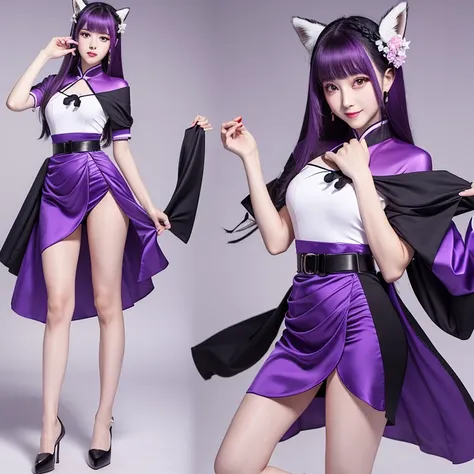 A woman，Flat shoes，white，Fox Eyes，Black purple long hair draped to the waist，Almost a perfect face without any flaws，Proud heart，Chinese costume，Tang Suit，Purple Hair，Purple Eyes，Purple clothes，Knee-length skirt，Tube Top Dress，belt，Slender legs，Front slit ...