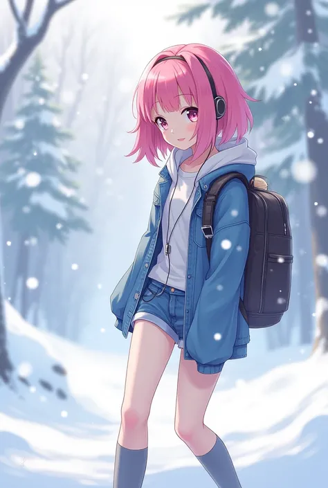 A girl in snowfall area girl hair pink girl drees Jens top a bag on shoulder use earphones dress code shorts not simple dress