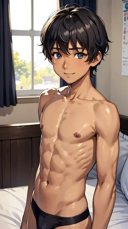 Highest quality、Realistic、、zoom、Primary school students、man、cute、Light grey eyes、Black Hair、short hair、Tanned brown skin、Dark Skin、Shirtless and light blue briefs、Flat Chest、、thin、smile、bed、