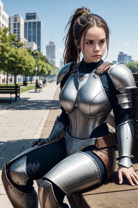 brig,  brown hair,  ponytail, armor, power armor, looking at viewer, serious, sitting, on bench, outside, city, blue sky, high q...