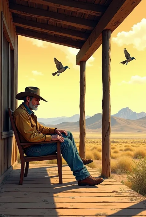 Hyperrealistic color comic 1950s a cowboy sitting on the ranch porch in the desert a lark flies around him