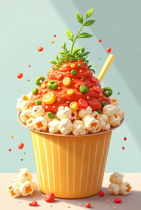 popcorn and on top they have ceviche sauce and it looks like a cartoon