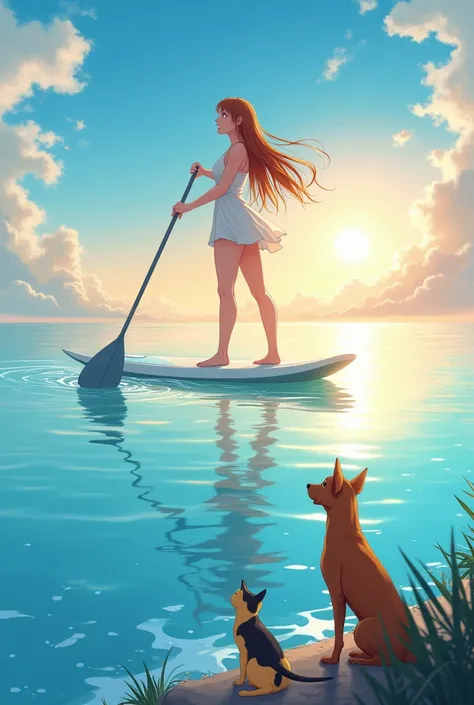 An anime style birthday invitation featuring a white woman, chestnut hair, smooth and long, very happy, with light energy, em cima de uma prancha de stand up paddle, with her brown waimaraner dog, and her little yellow and black cat looking at the horizon ...