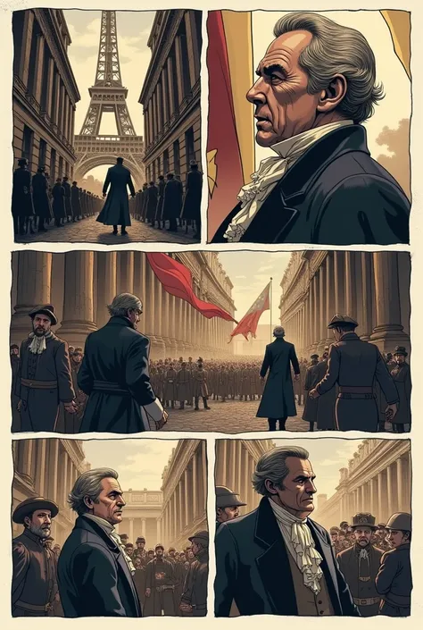 Create me a 6-panel comic strip about Maximilien Robespierre and his importance in the French Revolution.
Insert a text about what each image refers to 