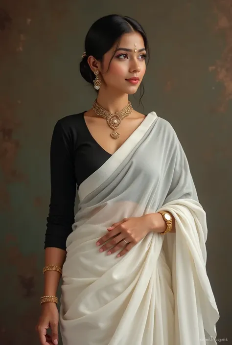 A nepali white sari black blauj hand watch bindi