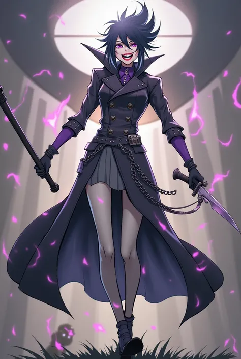 An androgynous character with black hair and a purple streak. wearing a black overcoat, with a staff on his back and a knife in his right hand. Most naughty and insane face. 