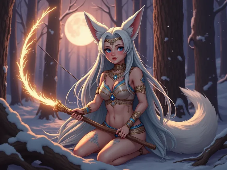 A beautiful, sexy, voluptuous anthropomorphic fox character with long, flowing white hair and sky-blue fur, with traits of the Dark Magician Girl character from Yu-Gi-Oh! She sits in a snowy forest, surrounded by tall, snow-covered pine trees. The characte...