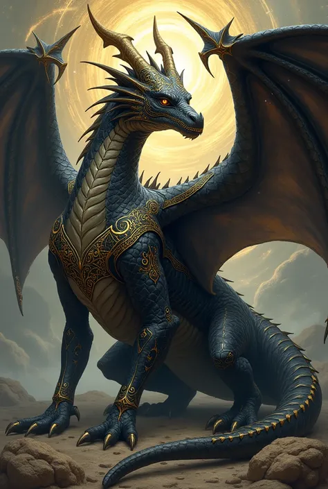 A full-body black dragon with wings with gold veining and edging details, in addition to sacred geometries and golden mystical symbols on its black dragon body with golden details with a loving gaze 