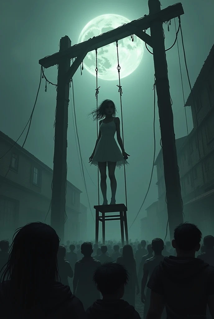 Scene of Girl in White Thigh High Socks Hanged, gallows , many people around , stand on chair, hovering in the air 