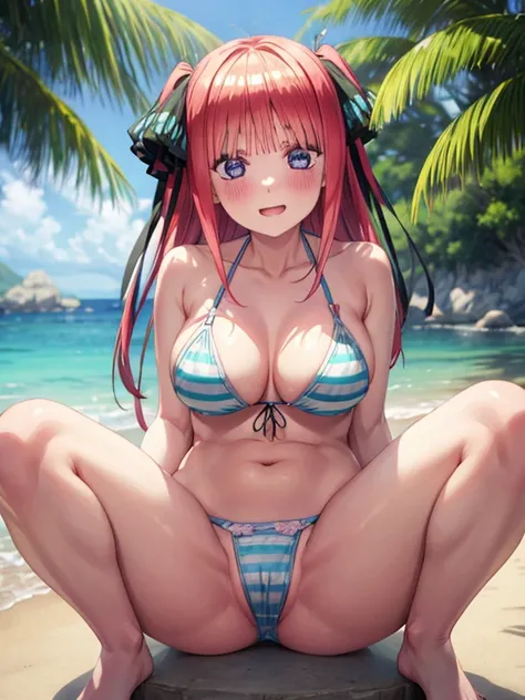 best quality, insanely detailed, nino nakano, breasts, blush, seaside background, looking at viewer, cheerful eyes, arousal, bikini tops, short Underwear, tankini, full body, spread legs