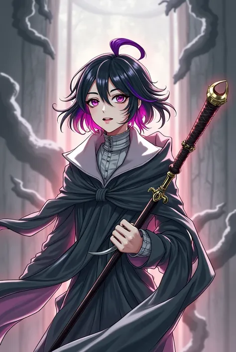 An androgynous character with black hair and a purple streak. wearing a black overcoat, with a staff on his back and a knife in his right hand. Most naughty and insane face.  Com as mãos escondidas na capa