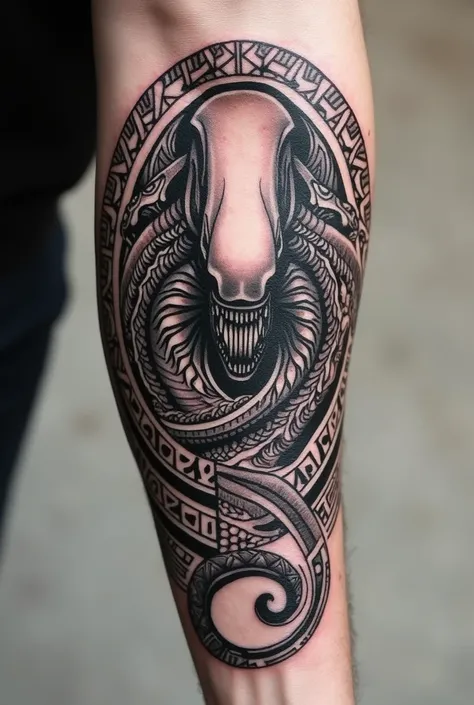 Tatouage xenomorphe en style maori sur lavant bras en forme de cercle de  dimension 