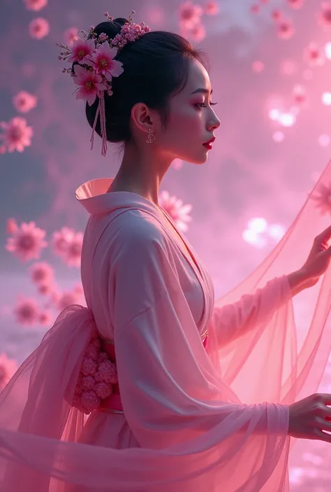 Beautiful photograph, indonesian woman, large angle, high quality cinematic 225K, hyper-detailed everything, a Sorayama style Geshia, fractal flowing beneath the surface, glas Kimono elegant pose, dynamic pose, magenta angelic scene.