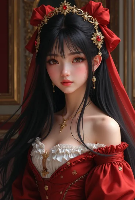 A girl with black hair, king, with Coquette bow in hair 