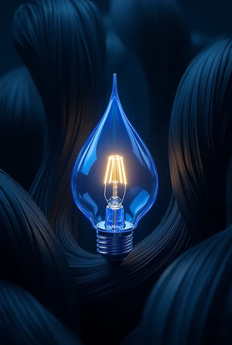 Una gota de agua en forma de foco 💡 envuelto en cabellos oscuro negros y brillantes pero la gota de color azul y el centro amarillo 