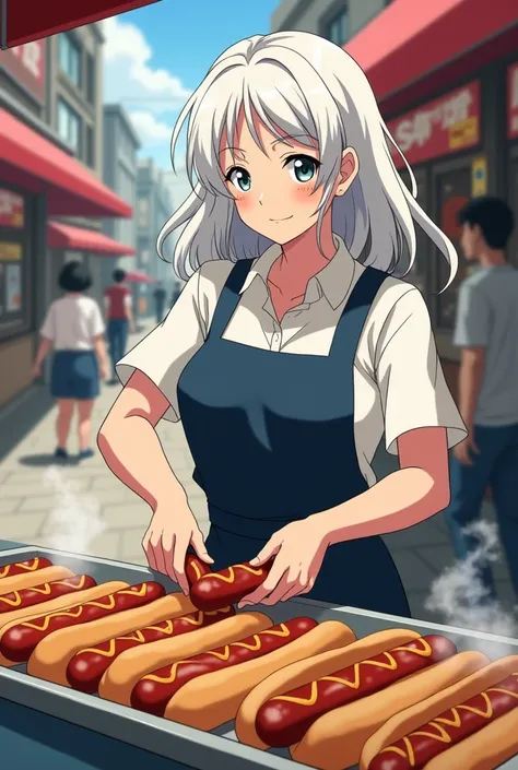 Anime of a slightly older lady with white hair and a dark blue apron selling hot dogs