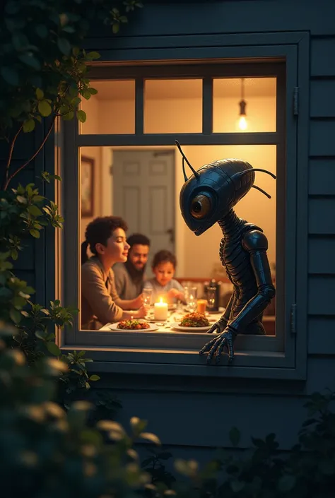 Humanoid alien insect watching a family having dinner through the window