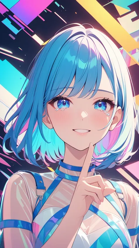 masterpiece,Highest quality,Ultra Wide Angle,Finger Spectator,One person,pink and blue hair,hand,Cute anime face,tears,masterpiece,Transparent PVC clothing,Transparent Vinyl Clothing,whole body,glitch lump}On the face,smile,Medium Hair,Film Grain,lens_Flar...