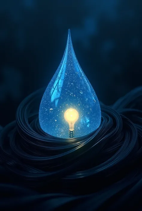 Una gota de agua en forma de foco 💡 envuelto en cabellos oscuro negros y brillantes pero la gota de color azul y el centro amarillo pero más suave 