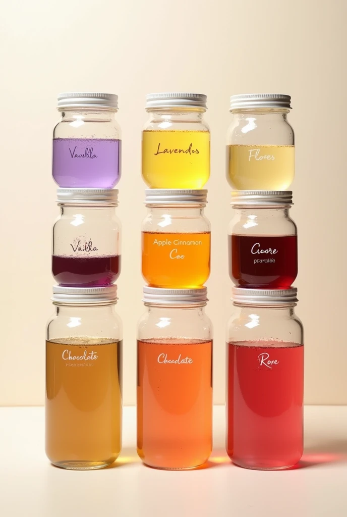 Transparent plastic containers with liquid of the same size and each one with one of these names in Spanish vanilla, lavender, flores, strawberry, lemon, apple cinnamon, coco, green tea, chocolate, rose, 