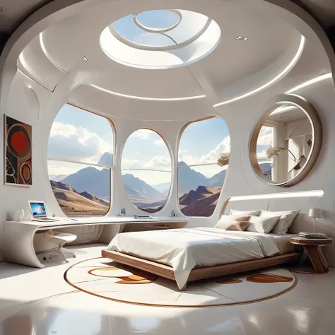 the futuristic home bedroom study concept incorporates organic fluidity.、circles and geometric shapes，use your artistic imaginat...