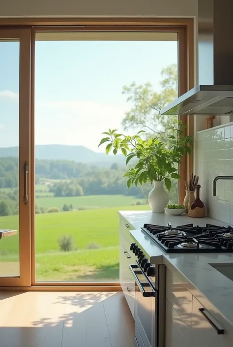 The kitchen boasts a bright and airy atmosphere, accentuated by a large open glass window in front of the gas stove. This window frames a picturesque view of a lush green field, bathing the room in natural light. The near counter features a pristine white ...