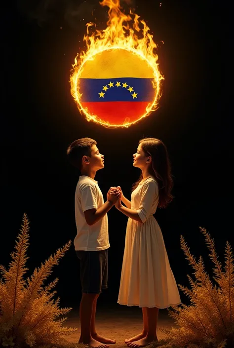 A dark-skinned boy with a white-skinned girl holding a Venezuelan flag with gold details in the image on the black background, golden plants at the bottom and at the top written in Spanish Venezuelan family on the right side of the image a medium-sized rin...