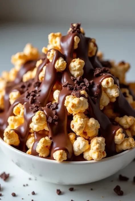 popcorn and topped with chocolate fudge sauce