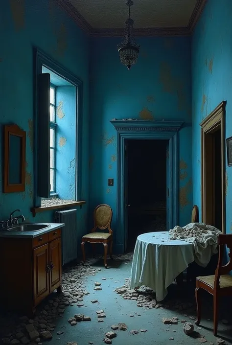 Renaissance painting of a fully furnished house where the walls are dark and decaying, predominant blue tone, the dark and claustrophobic house, viewing the room, kitchen and bedroom.