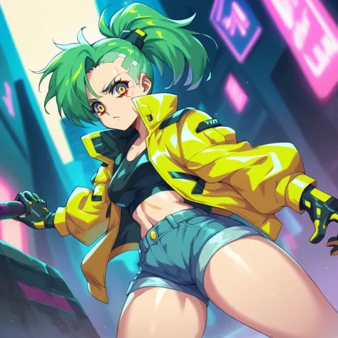 Cyberpunk woman in yellow rubber jacket, some denim shorts and some tactical gloves, She has short green hair tied back in a ponytail., She is in a neon futuristic city.