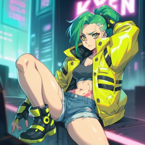 Cyberpunk woman in yellow rubber jacket, some denim shorts and some tactical gloves, She has short green hair tied back in a ponytail., She is in a neon futuristic city.