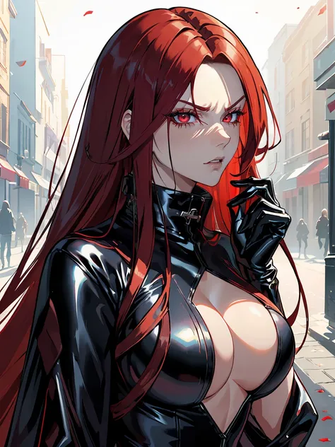 Long RED hair, crimson eyes, evil, sexy, black and red clothes, evil face, evil, serious look, gloss lips, sinister, front look, bloody, gloves, close up, portrait, beautiful eyes, big white, dark place, night, sensual, straight hair cut, clear skin, evil,...