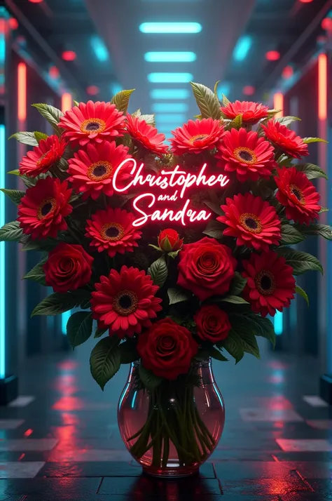 Bouquet of red roses and sunflowers forming a heart, In the middle of the bouquet should be the name of Christopher and Sandra. The bouquet must have a cyber punk background