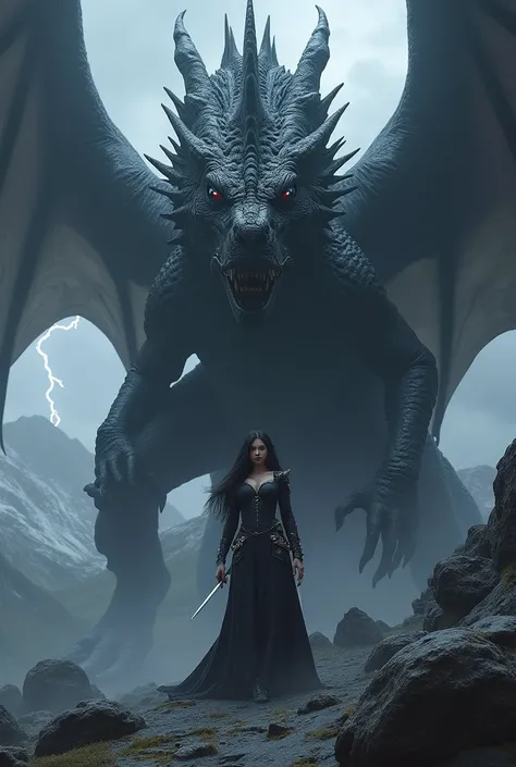 A black dragon with blue eyes, his height is unreal, It&#39;s huge. A woman with curves to die for is emerging from between his four legs., dressed in black, her warrior clothes, She has her black hair loose with silver tips, Indifference is reflected on h...