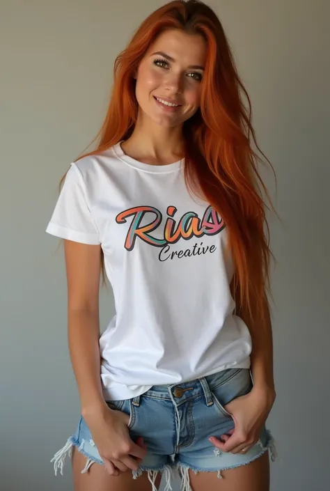 
"An attractive woman red long hair, posing confidently for a photo, wearing a fitted RiasWCreative logo T-shirt and denim shorts. Her straight hair falls gracefully over her shoulders, and she stands with a casual, yet stylish posture. The lighting highli...