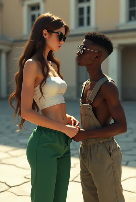 Create a photo of a 20 year old young woman, with a slender and beautiful body, wearing a short white strapless dress and wearing green sweatpants, with white and clear skin, com cabelo castanho claro longo usando óculos de sol enquanto sua calça está send...