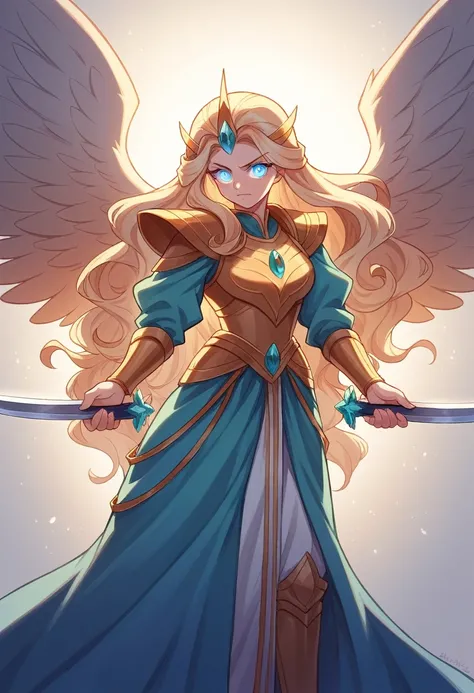 A majestic celestial being inspired by the Seraphim, with six large, feathered wings, each adorned with three glowing eyes. Her flowing hair is a shimmering silver-blonde, and her piercing blue eyes radiate wisdom and power. She has a mature and commanding...