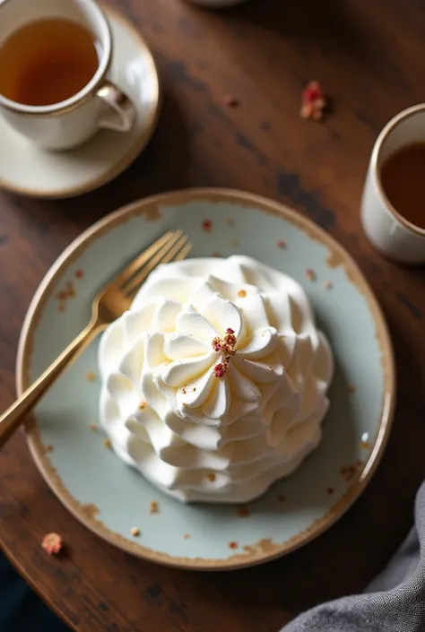 photo taken from above, no people, Cafe Scenery, The whipped cream on a plate, Plating with a cafe feel