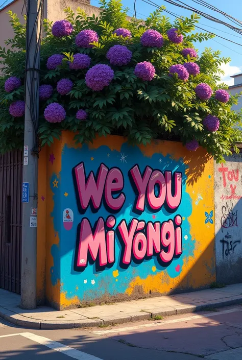 image of a wall on a street in Brazil with a tree with purple flowers nearby, with a writing on the wall made with graffiti saying &#39;we love you Mi Yoongi&#39;