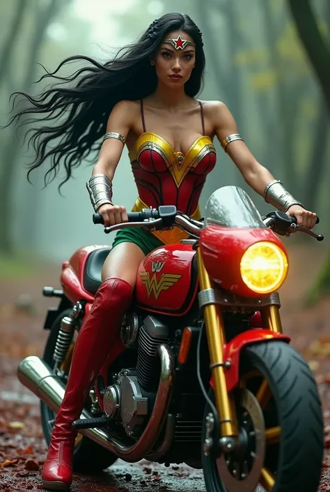 (((In extreme close-up, a beautiful woman riding a high-powered futuristic motorcycle))),(((Cali Green and Yellow Wonder Woman Scale One Piece Suit (((Suit that covers your entire body))),(((Wonder Woman red corset over jumpsuit ))),(((Black hair gathered ...