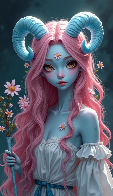 Tiefling girl. Light blue skin. Brown eyes. Dark eyes. Pink long hair. Pink hair. Flowers woven into her hair. The rams horns on her head are light blue.  Holds a staff of plants and flowers. The background is scary. Cute and kind tiefling girl. There is a...