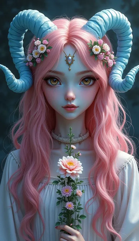 Tiefling girl. Light blue skin. Brown eyes. Dark eyes. Pink long hair. Pink hair. Flowers woven into her hair. The rams horns on her head are light blue.  Holds a staff of plants and flowers. The background is scary. Cute and kind tiefling girl. There is a...