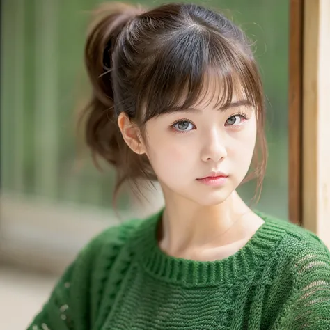 japanes girl , jr high, cute, short hair, green eyes, plump lips, model, idol, brown hair, hair in ponytail , young