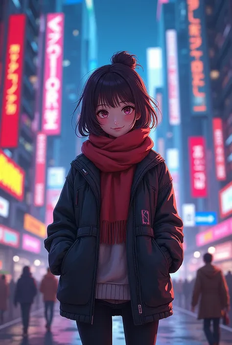 1girl, chihaya anon, wearing jacket, scarf, cyberpunk city, looking at viewer with a warm look, masterpiece, latest, vibrant color 